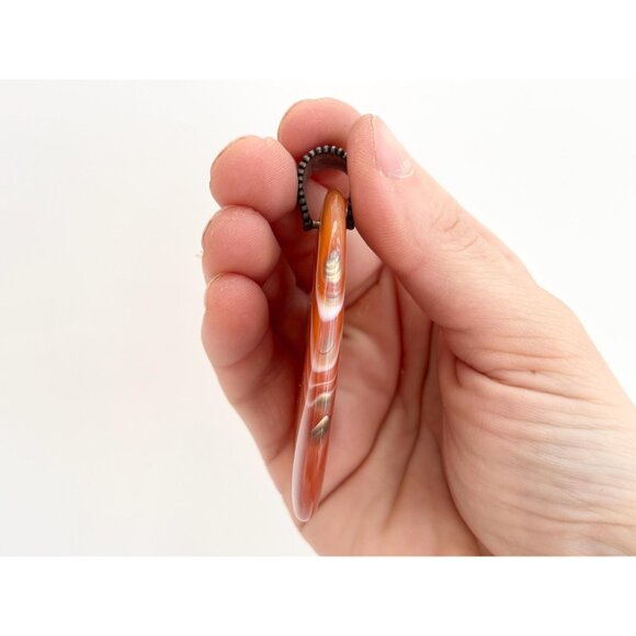 Carnelian Agate Smooth Stone Oval Shaped Large Silver Toned Vintage Pendant - Picture 7 of 12